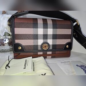 Burberry Giant Check & Leather Note  Crossbody bag Birch Brown with Reciept